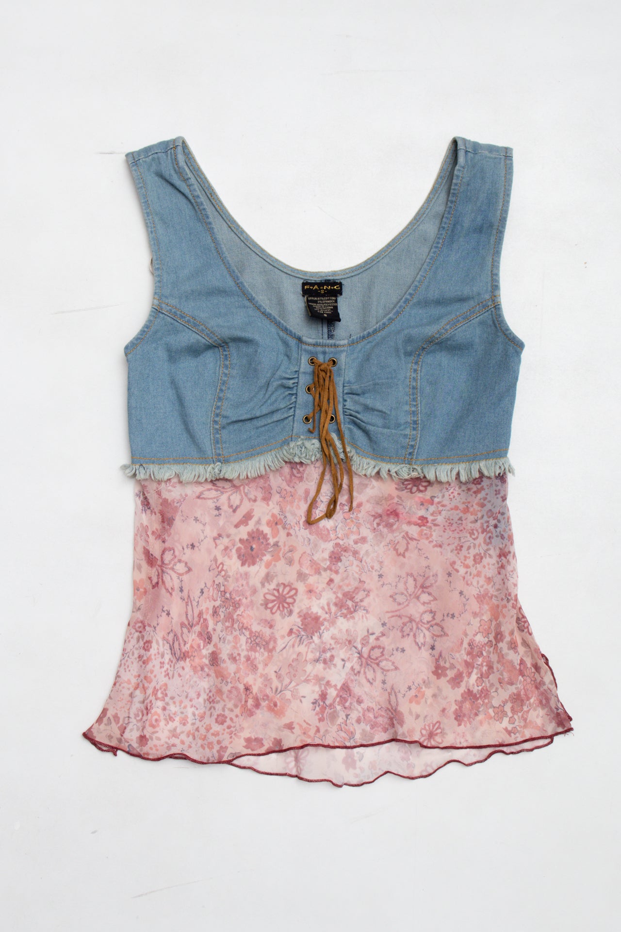 #11 Deadstock Fang denim sheer top w suede lace up | Size 8 | C. 152