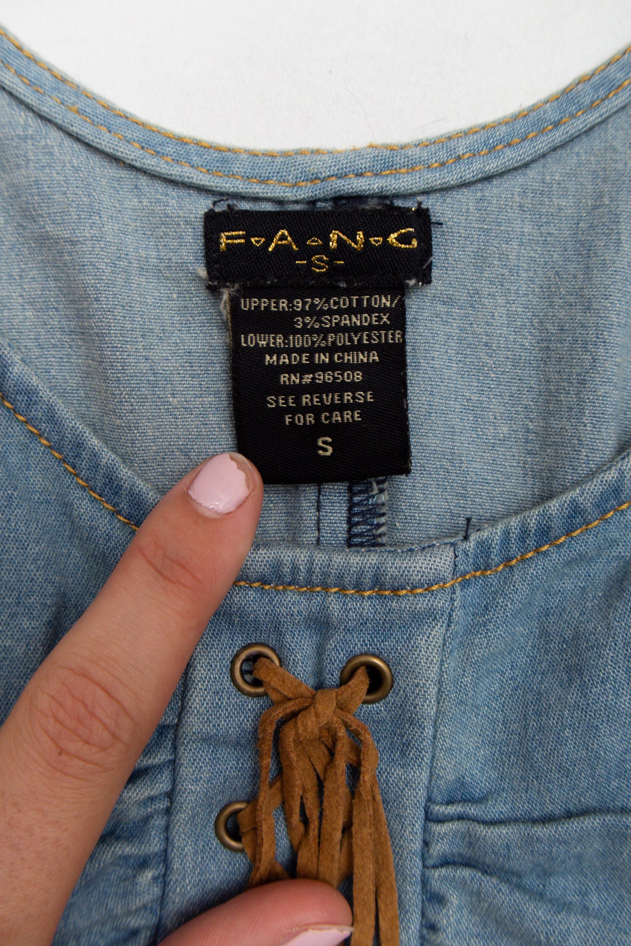 #11 Deadstock Fang denim sheer top w suede lace up | Size 8 | C. 152