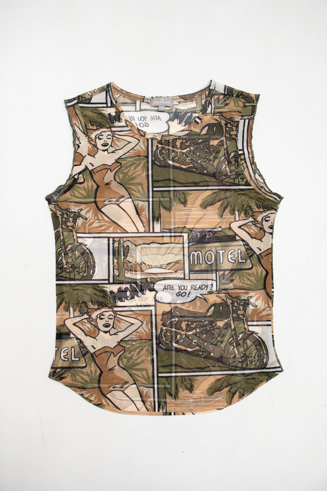 #73 NAFNAF paradise comic style print mesh tank | c. 158 | size 8