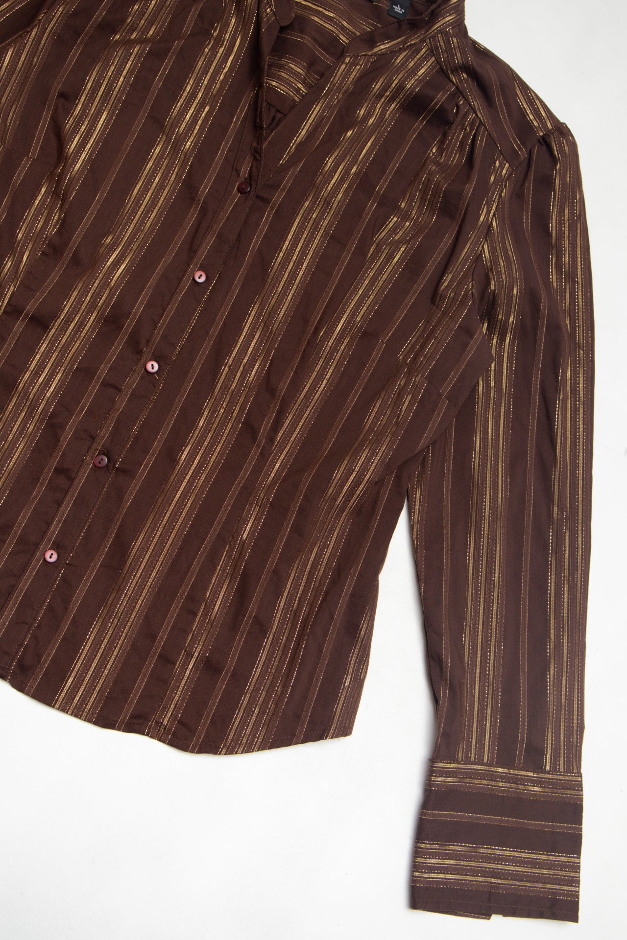 #77 Ana brown\gold metallic pinstripe shirt | c. 158 | size 12