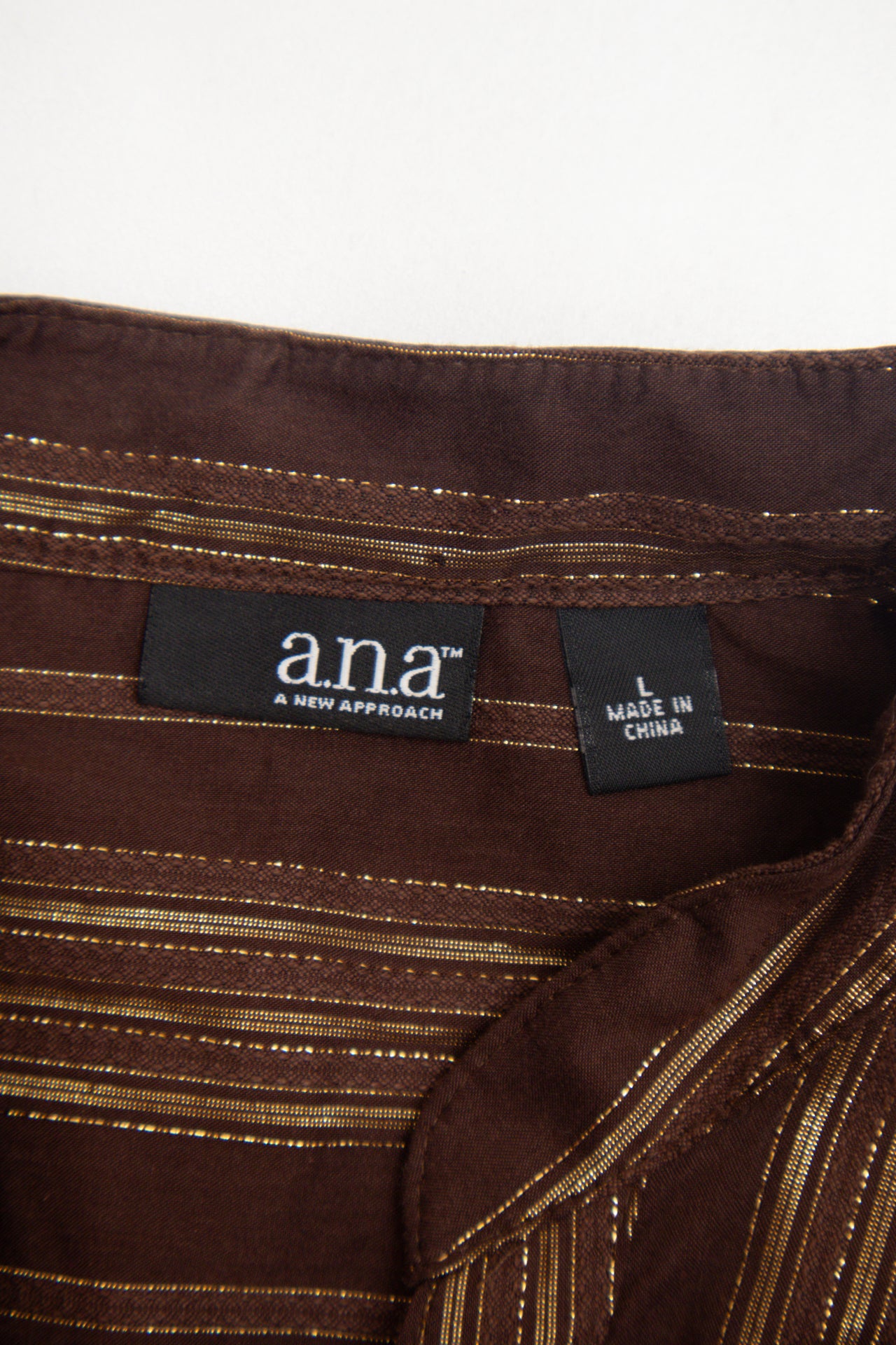 #77 Ana brown\gold metallic pinstripe shirt | c. 158 | size 12