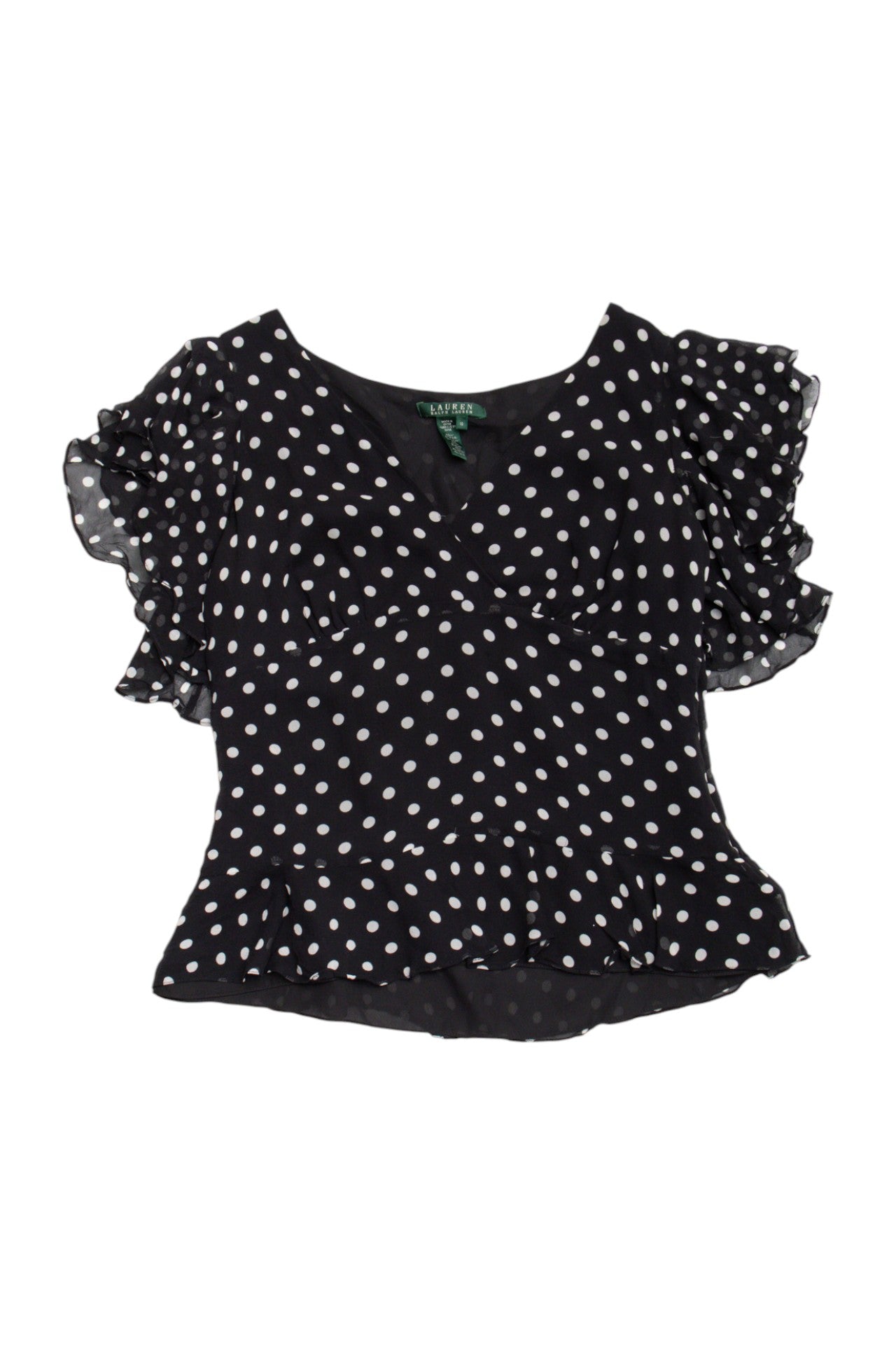 #57 Ralph Lauren Silk polka sheer ruffle sleeve top | Size 14 | C. 152