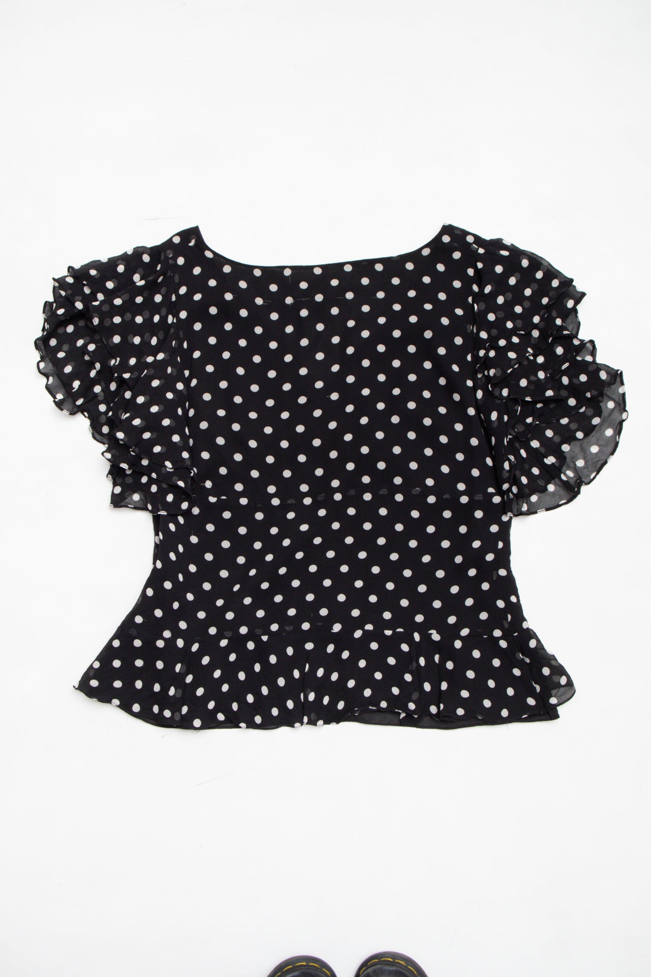 #57 Ralph Lauren Silk polka sheer ruffle sleeve top | Size 14 | C. 152