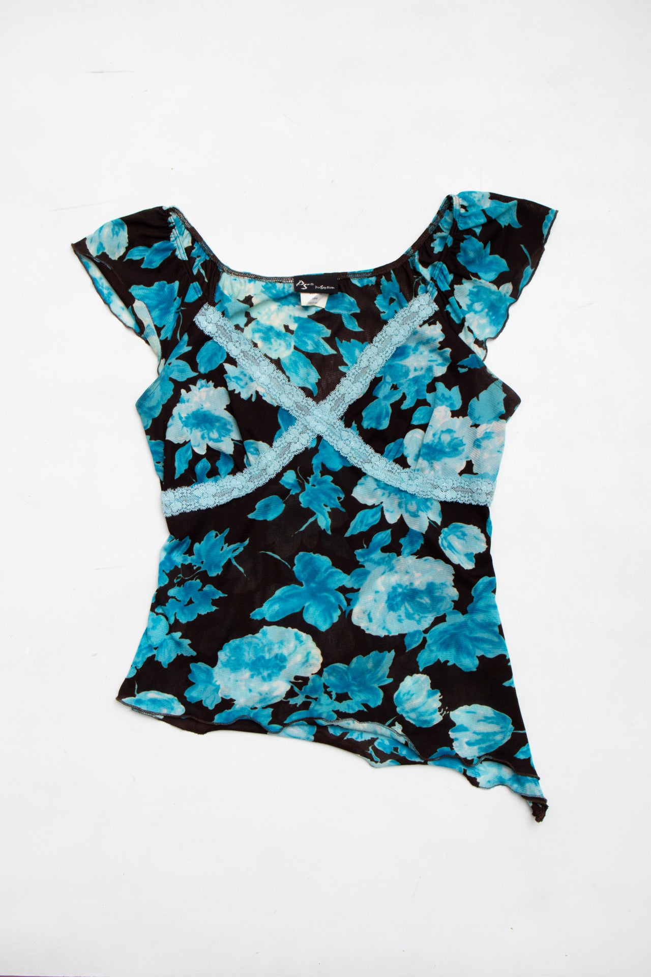 #59 USA Mesh flower top w lace trim | Size 12 | C. 152