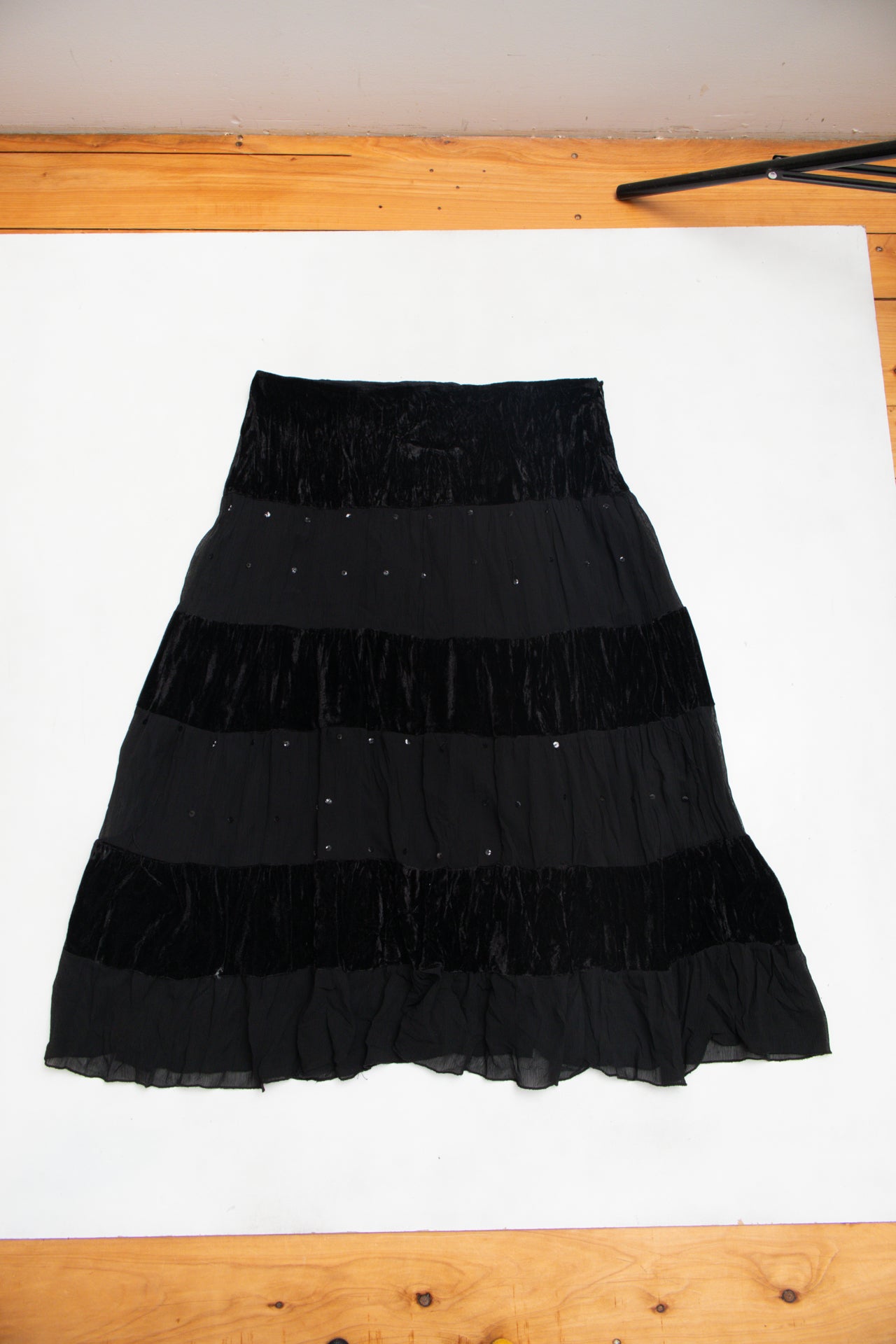 #137 Black sequin mesh velvet maxi skirt | c. 156 | size 14