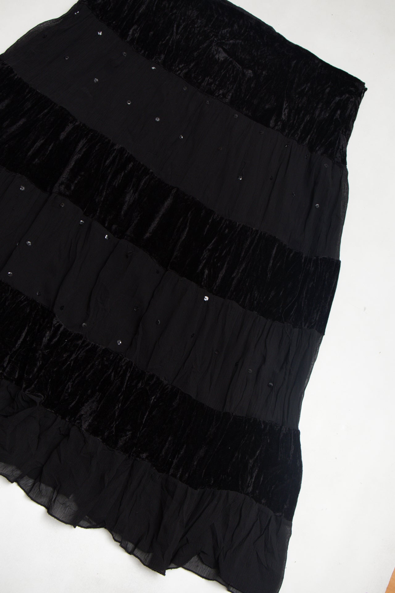 #137 Black sequin mesh velvet maxi skirt | c. 156 | size 14