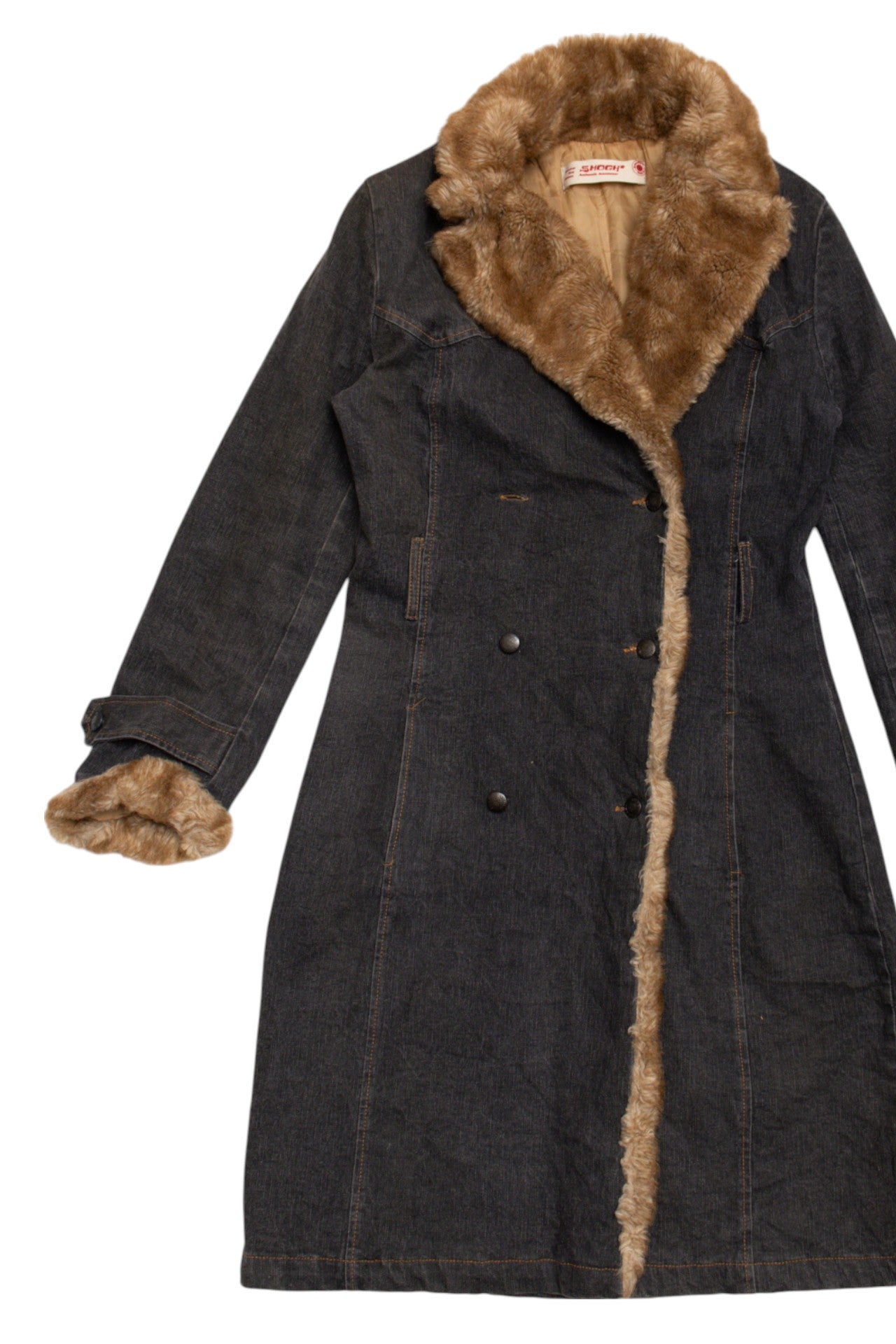#143 Smogh denim faux fur trim long coat | c. 158 | size 10