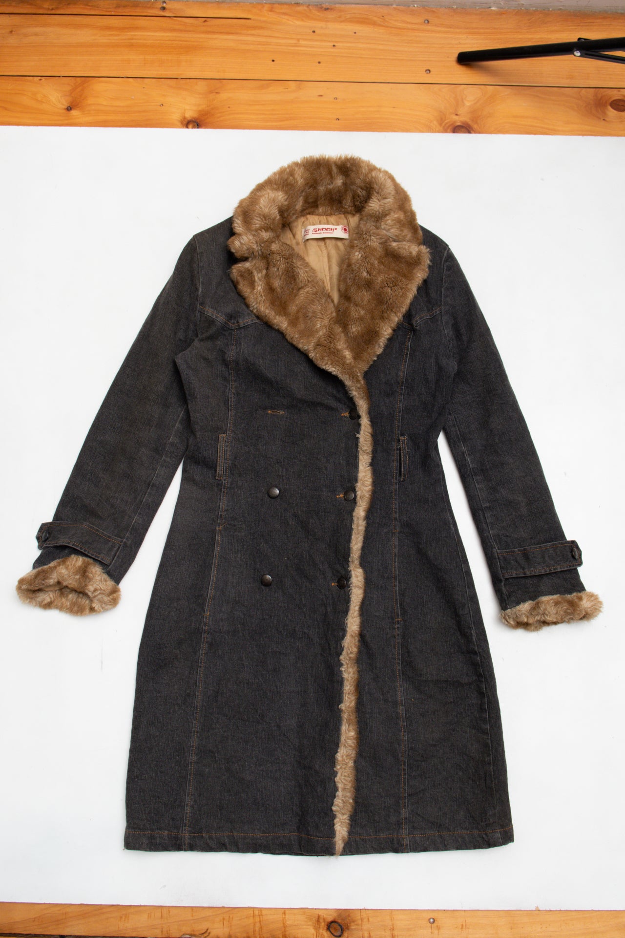 #143 Smogh denim faux fur trim long coat | c. 158 | size 10