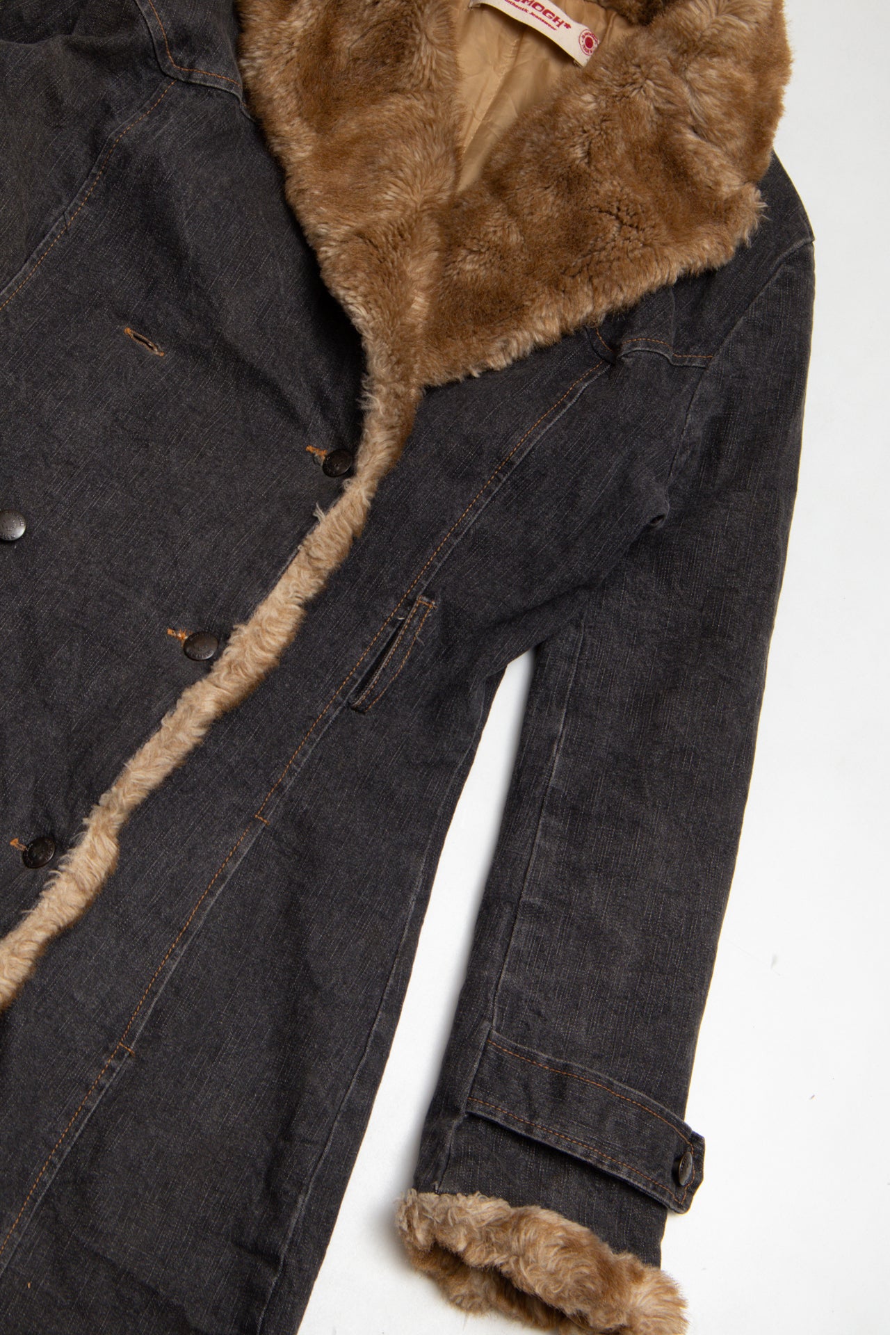 #143 Smogh denim faux fur trim long coat | c. 158 | size 10