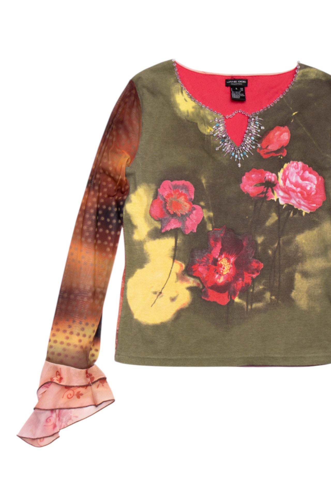 #64 Printed beaded top w mesh sleeves | Size 10 | C. 152