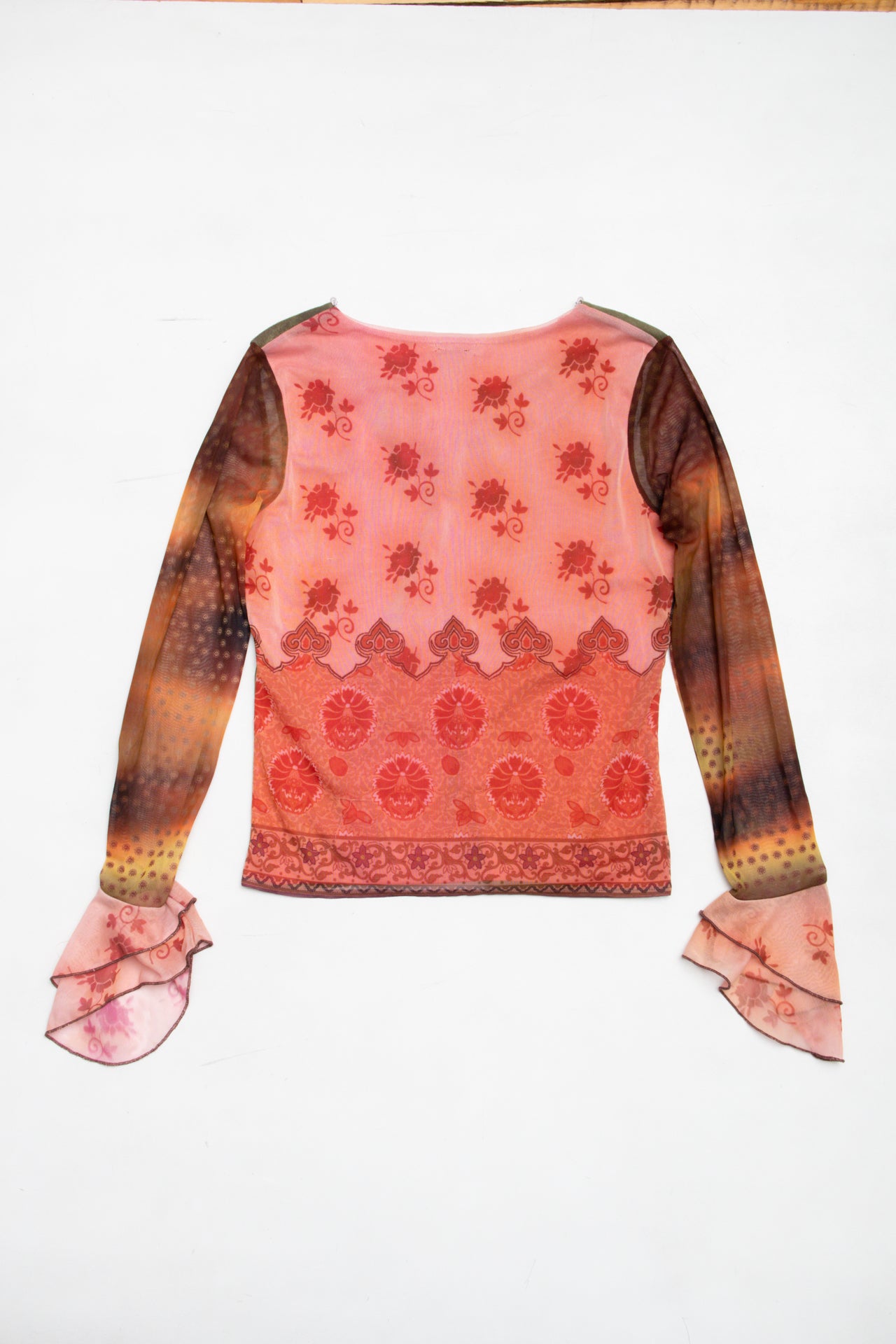 #64 Printed beaded top w mesh sleeves | Size 10 | C. 152