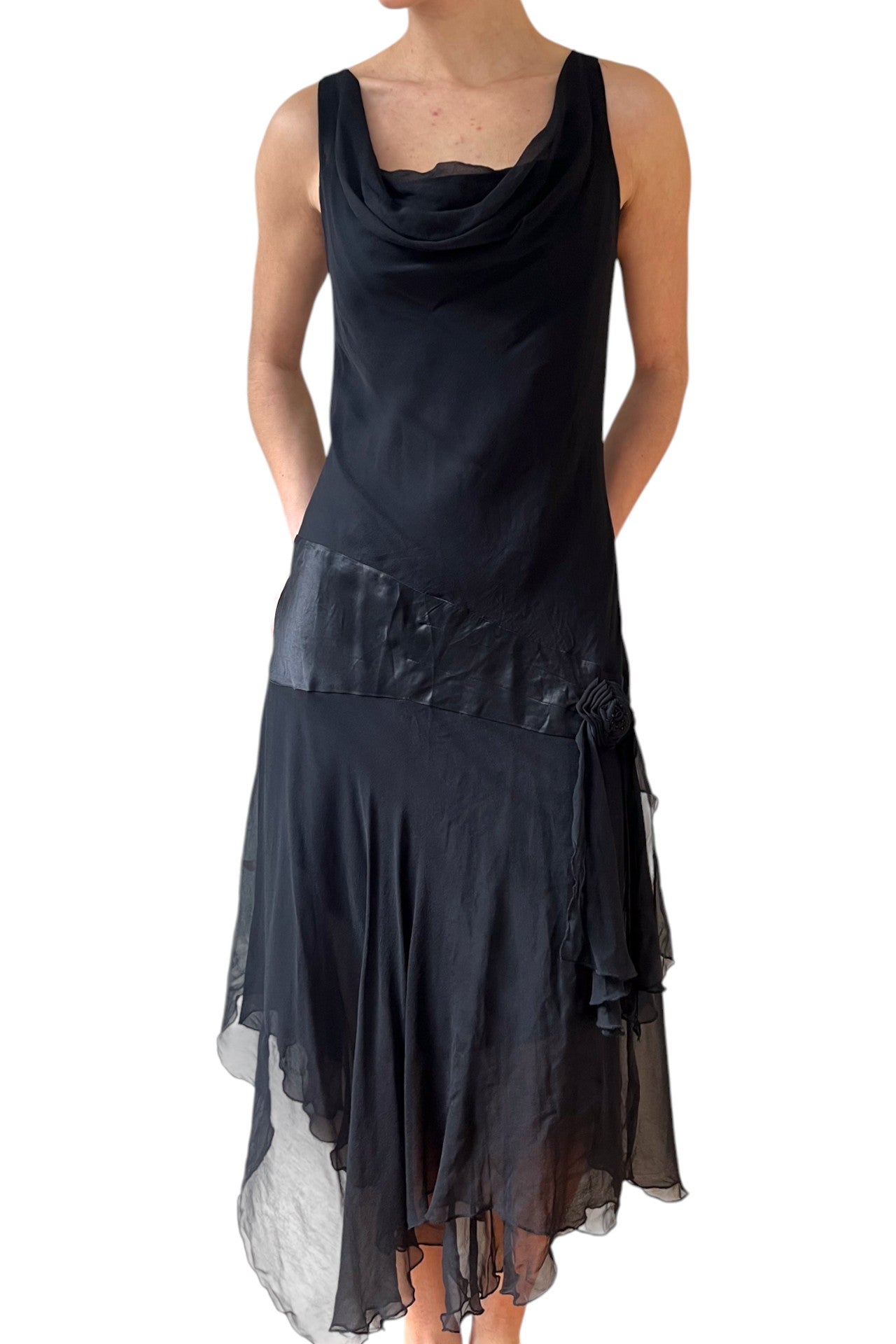 #246 Silk drop waist cow neck midi dress | c. 161 | size 8