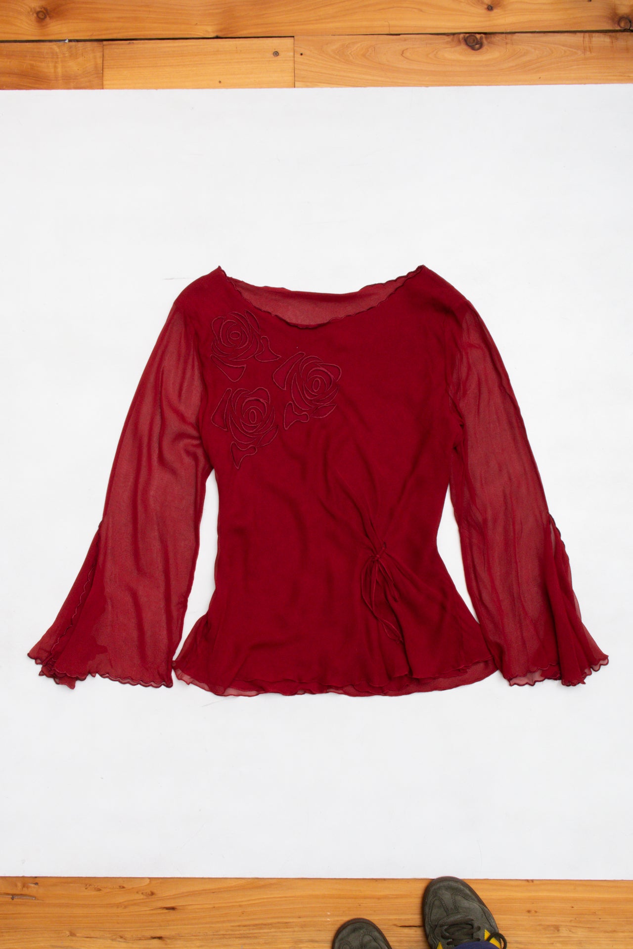 #88 Sheer rose embroidered bell sleeve | Size 12 | C. 151