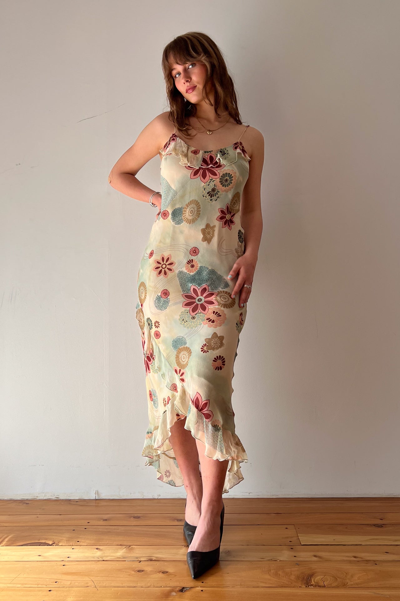 #241 Lapis floral print ruffled midi dress | c. 162 | size 10