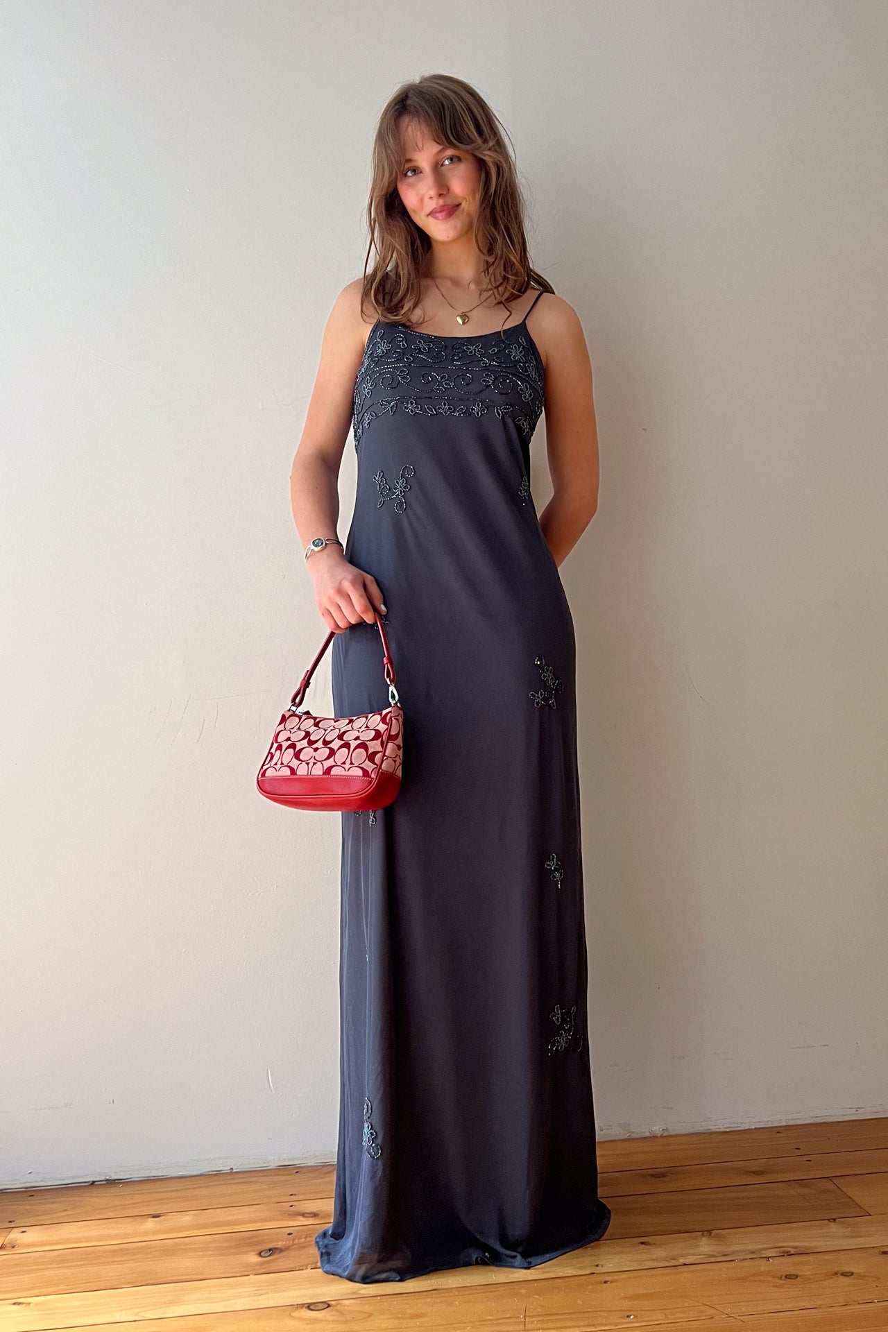 #230 Onyx Nite beaded deep silver maxi dress | c. 162 | size 8