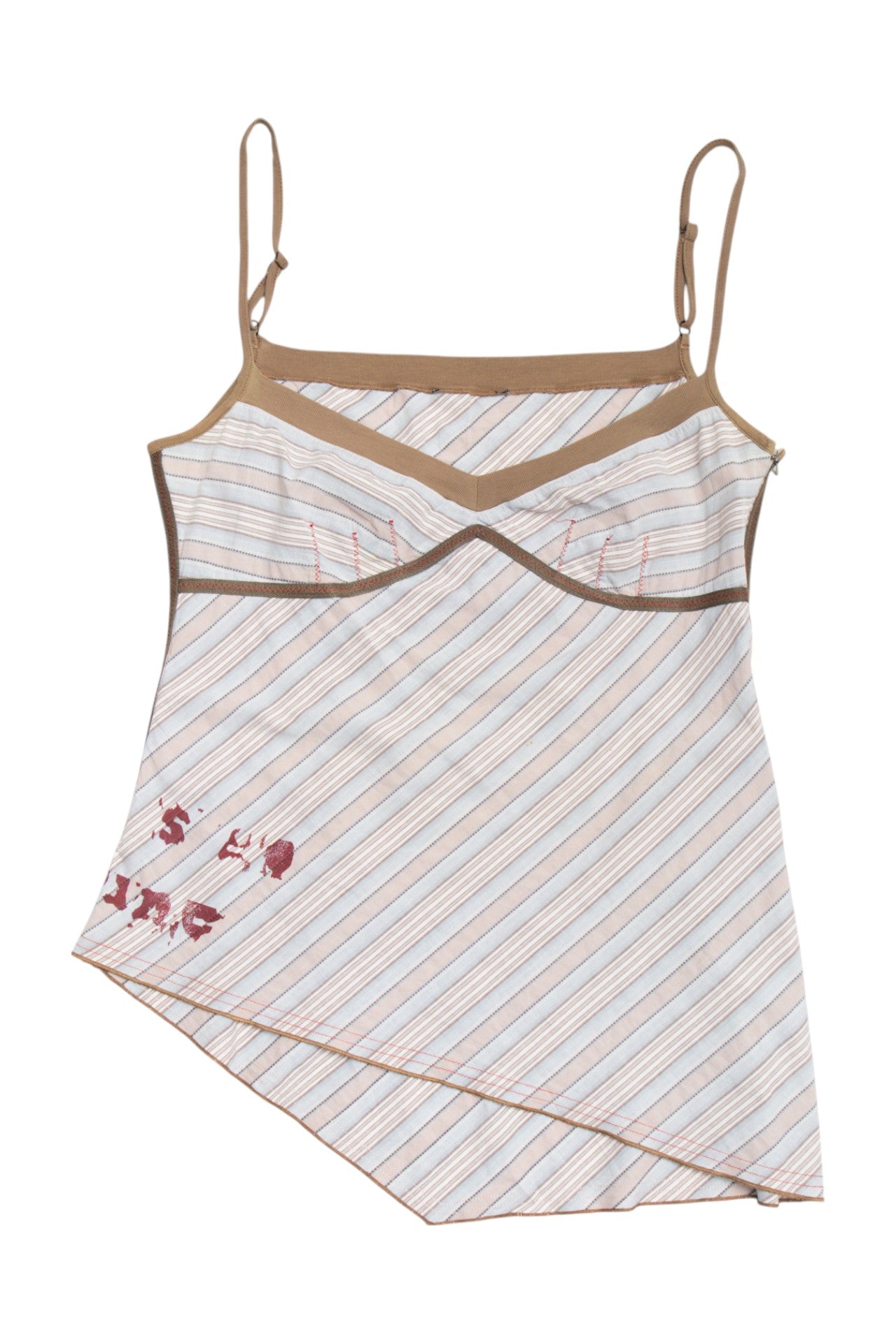 #223 stripy beige/blue asym tank | c. 158 | size 16