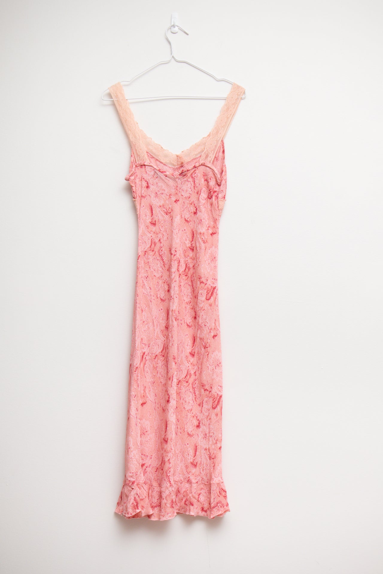 #124 Pink pattern sheer maxi w lace trim | Size 10 | C. 152