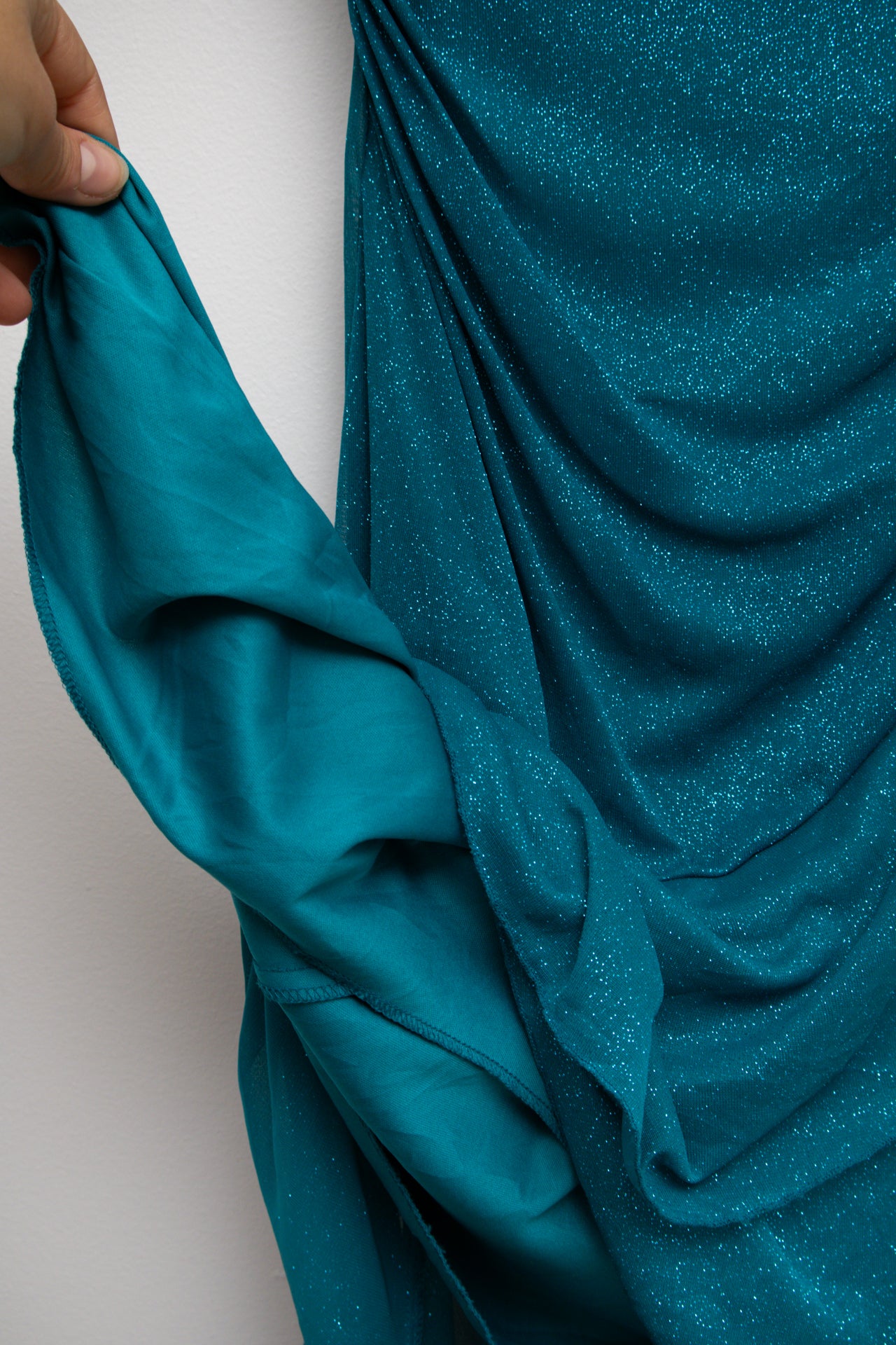 #125 Ruby Rox Ruched turquoise glitter midi w attachment | Size 10 | C. 152