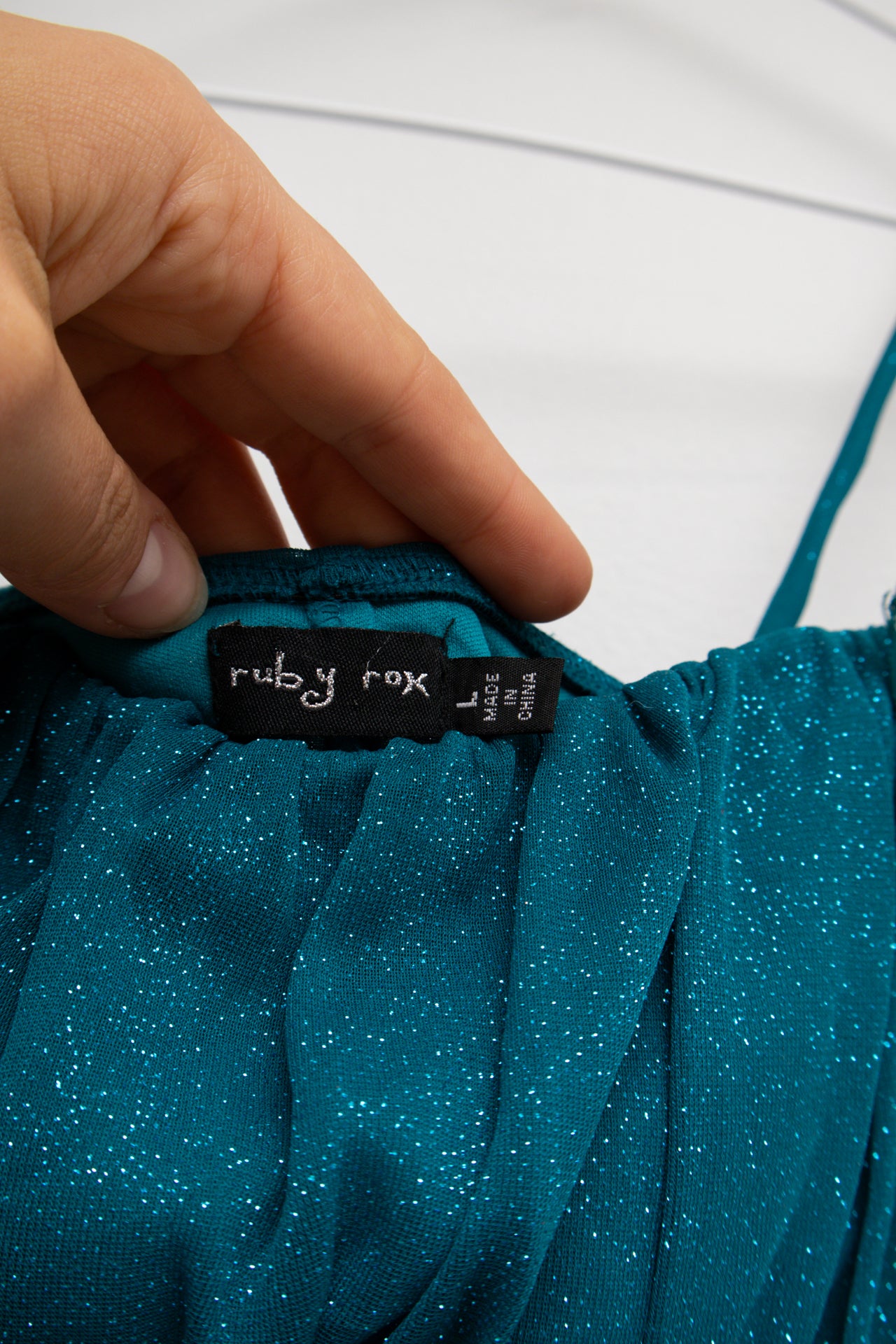 #125 Ruby Rox Ruched turquoise glitter midi w attachment | Size 10 | C. 152