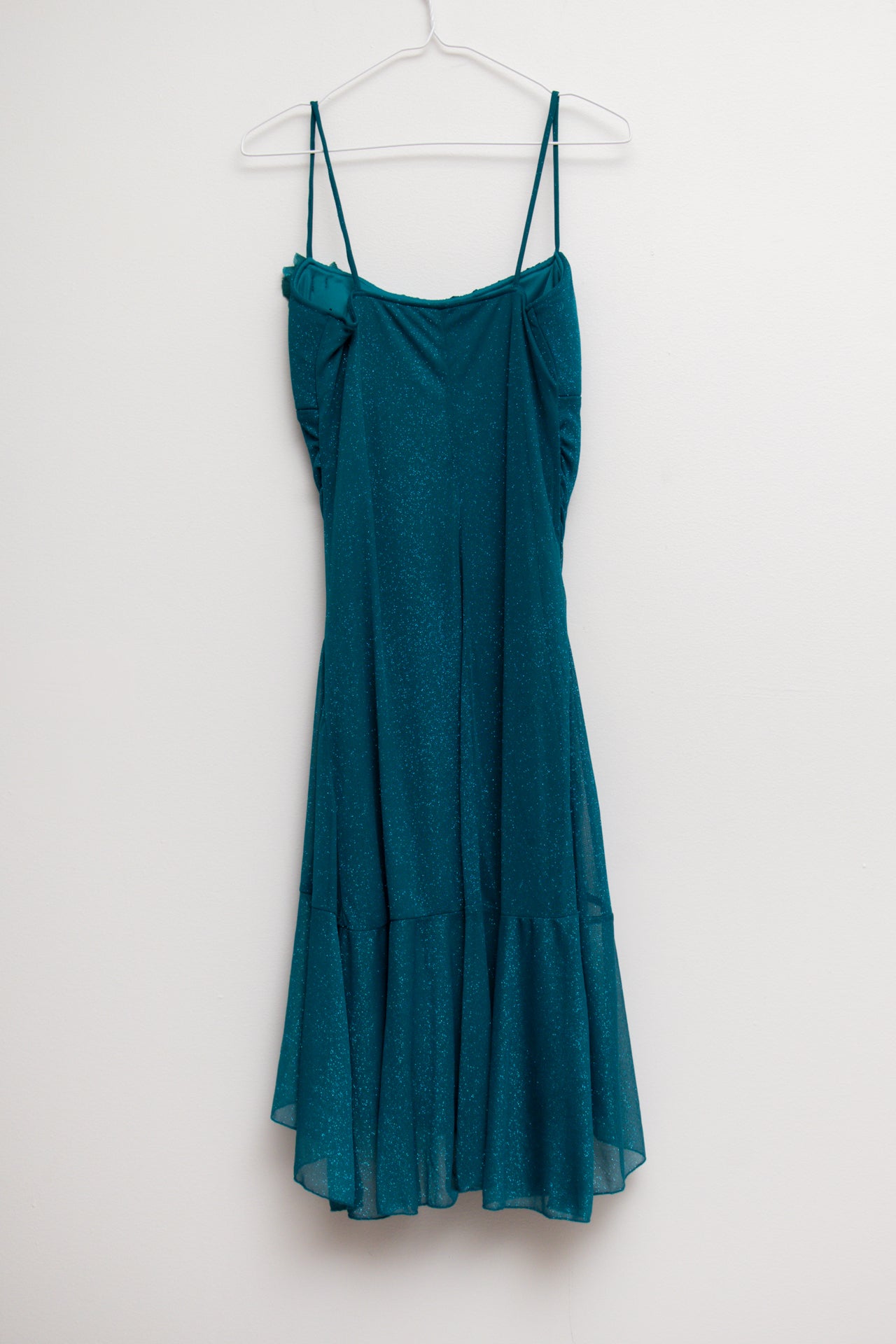 #125 Ruby Rox Ruched turquoise glitter midi w attachment | Size 10 | C. 152