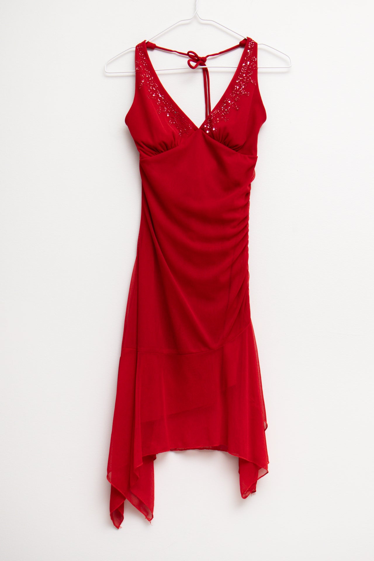 #134 USA Y2K Ruby Rox mesh asym beaded halter midi | Size 10 | C. 152