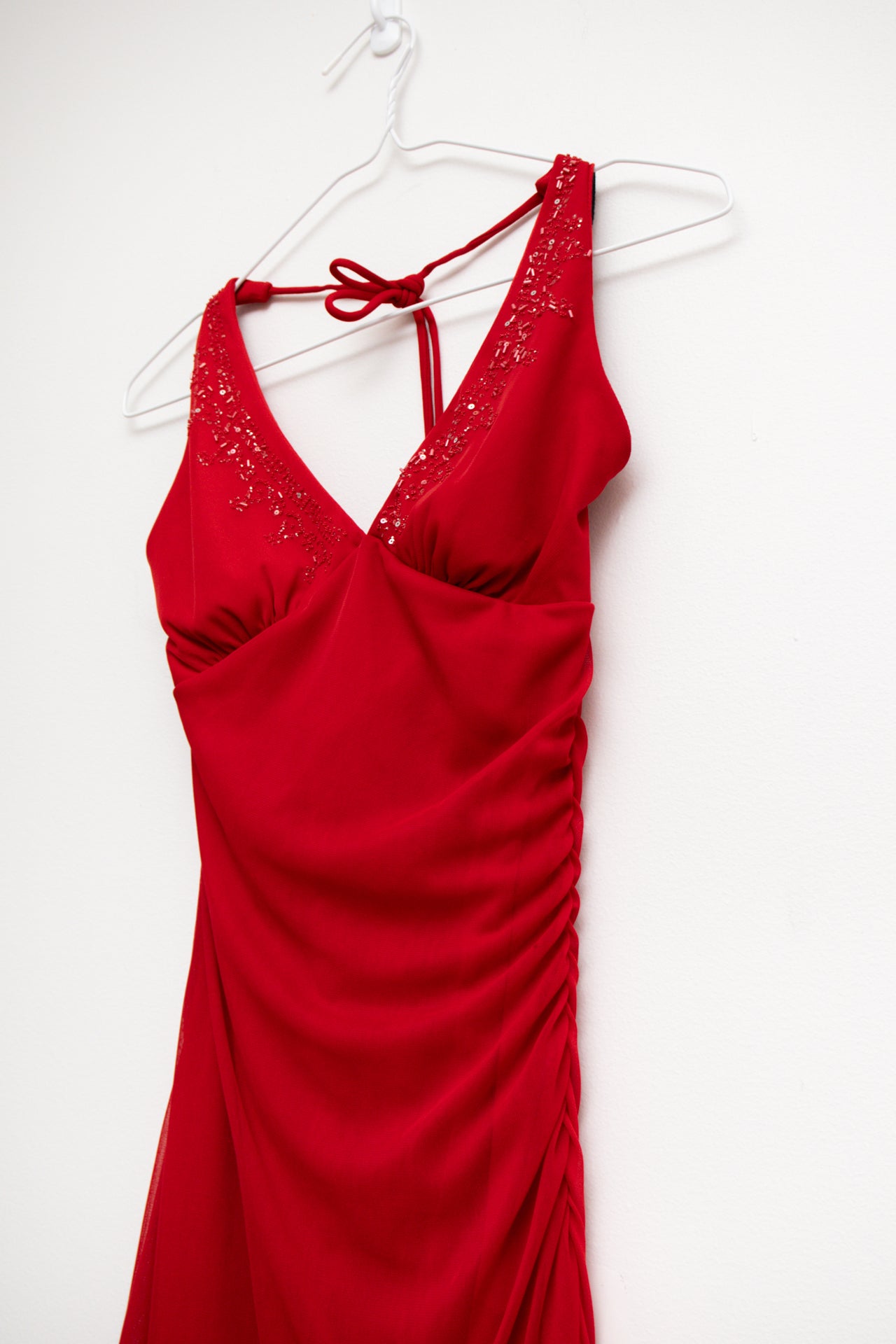 #134 USA Y2K Ruby Rox mesh asym beaded halter midi | Size 10 | C. 152