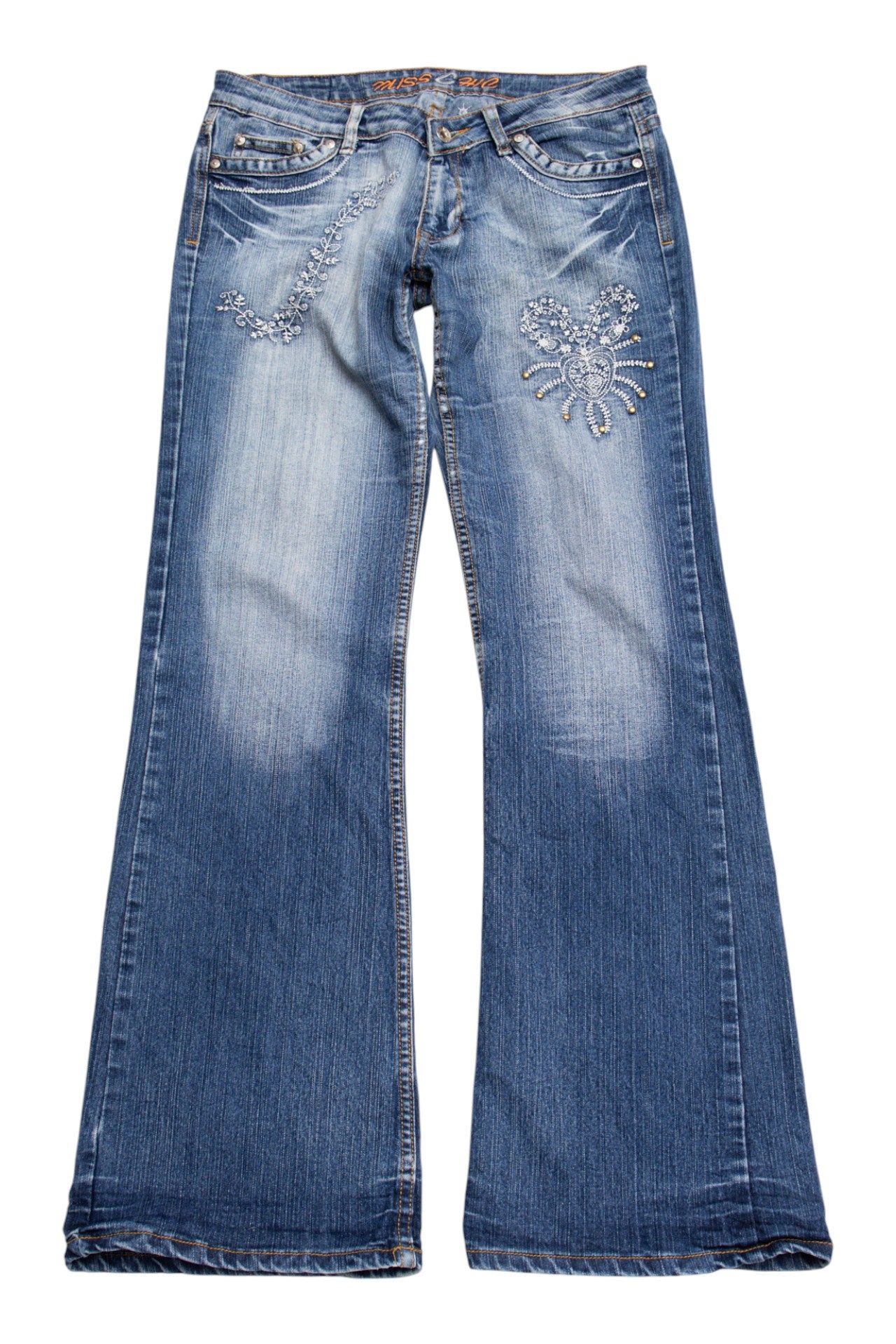 #173 Embroidered studded stonewash flared jeans | Size 10 | C. 152