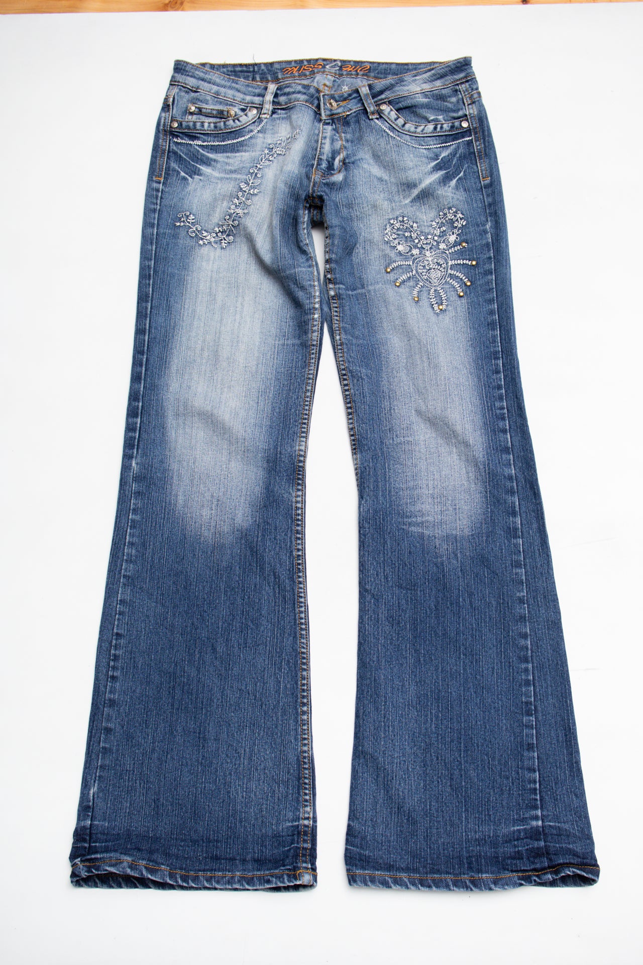 #173 Embroidered studded stonewash flared jeans | Size 10 | C. 152