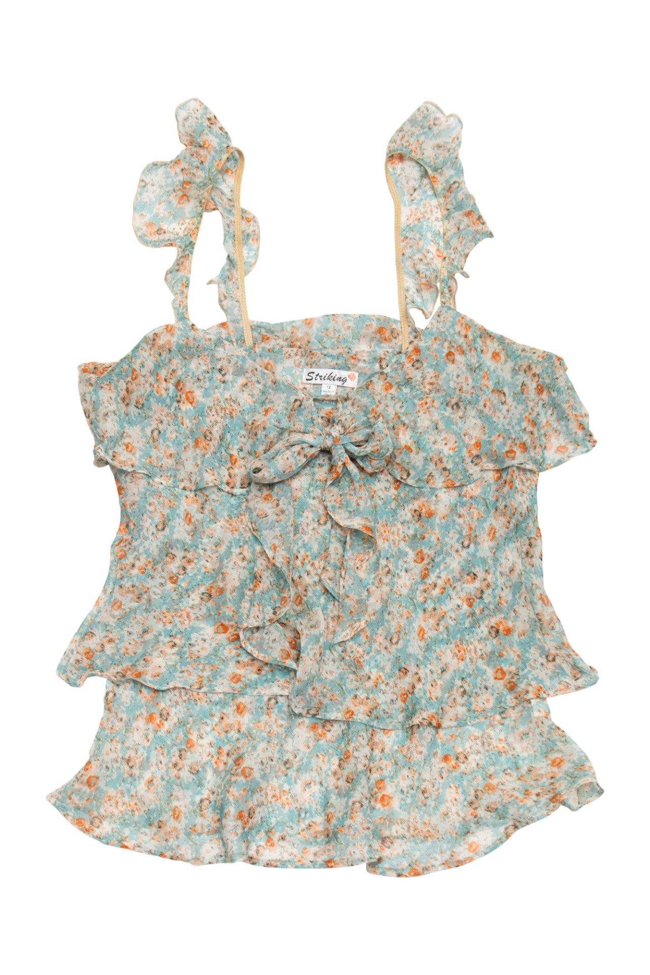 #46 Striking Sleeveless Ruffle Chiffon Floral Top Green | c. 173 | Size 12