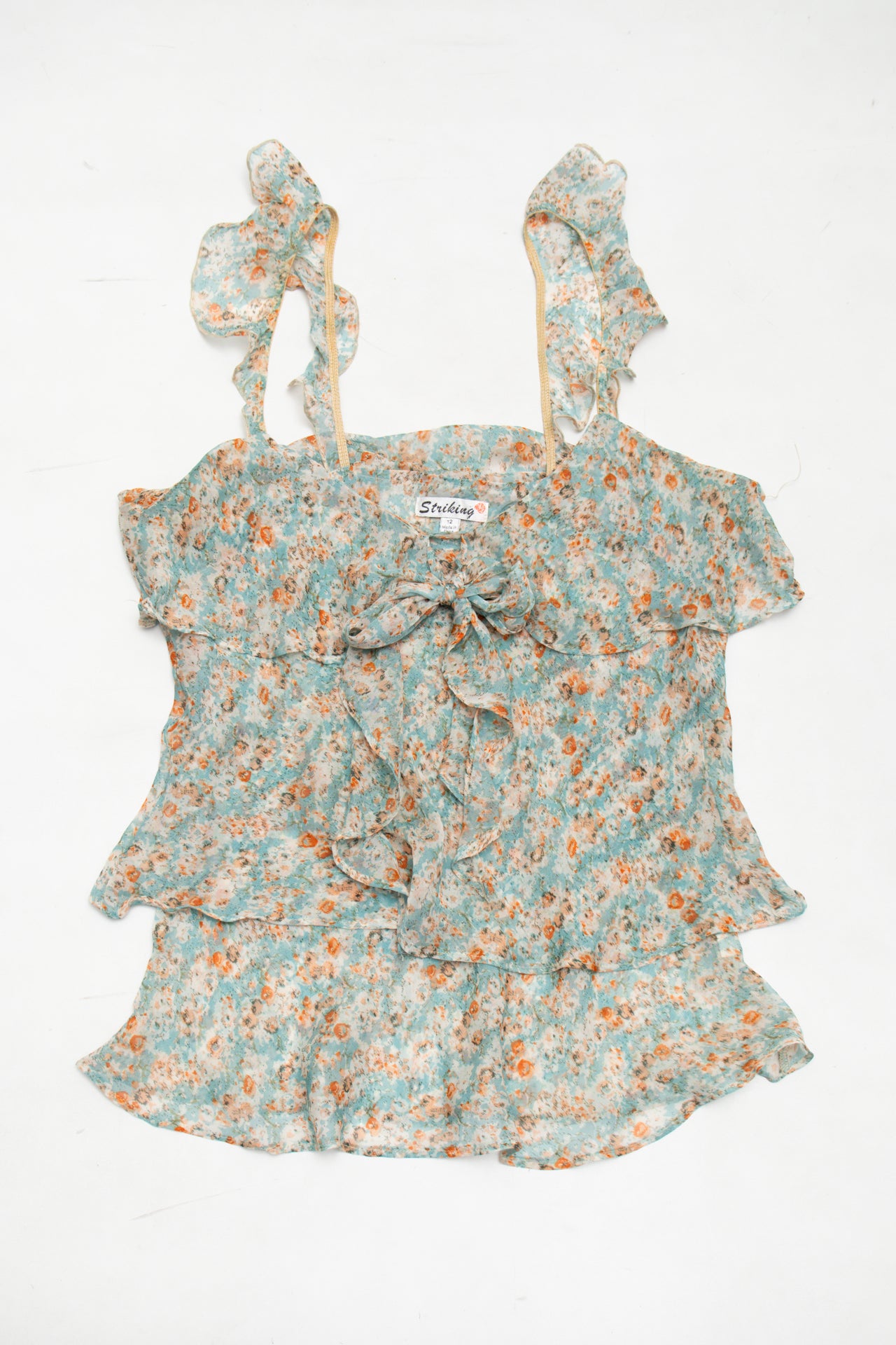 #46 Striking Sleeveless Ruffle Chiffon Floral Top Green | c. 173 | Size 12