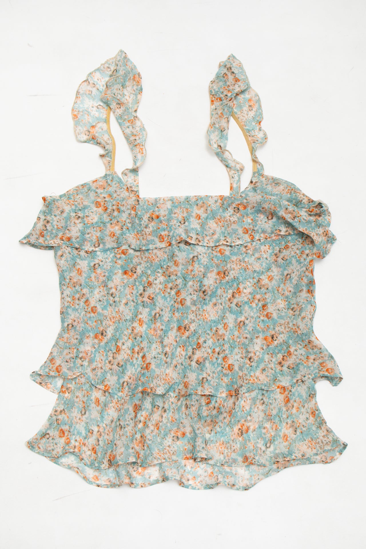 #46 Striking Sleeveless Ruffle Chiffon Floral Top Green | c. 173 | Size 12