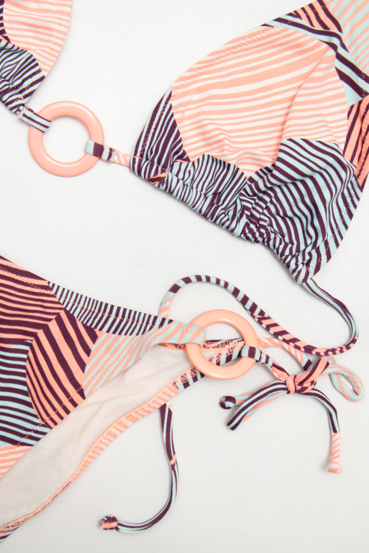 #179 Etam Bikini Set (triangle Bikini Top And Tie-side Bottoms) Multicolor (peach, Burgundy, Light Blue, White) | c. 174 | Size 12