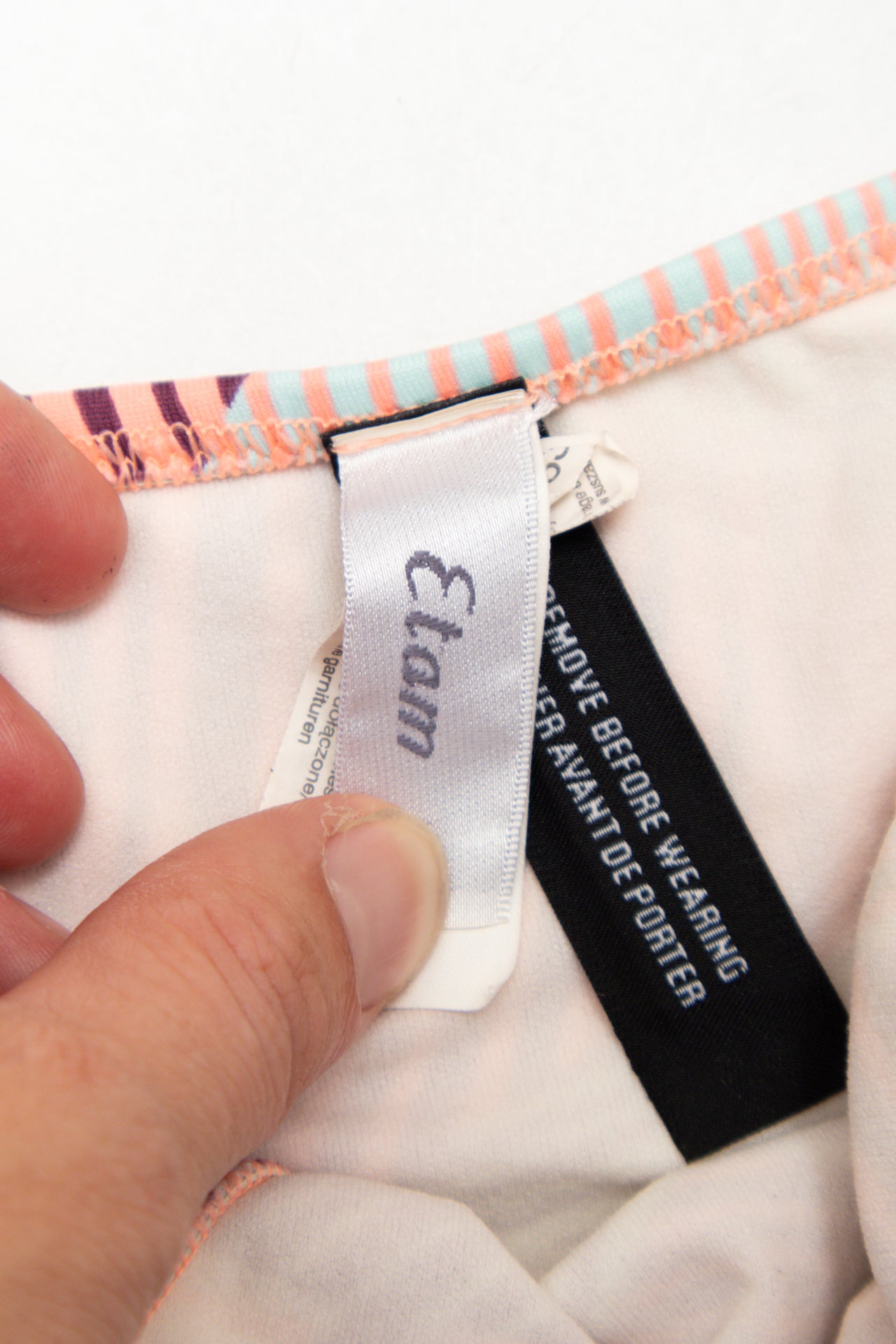 #179 Etam Bikini Set (triangle Bikini Top And Tie-side Bottoms) Multicolor (peach, Burgundy, Light Blue, White) | c. 174 | Size 12