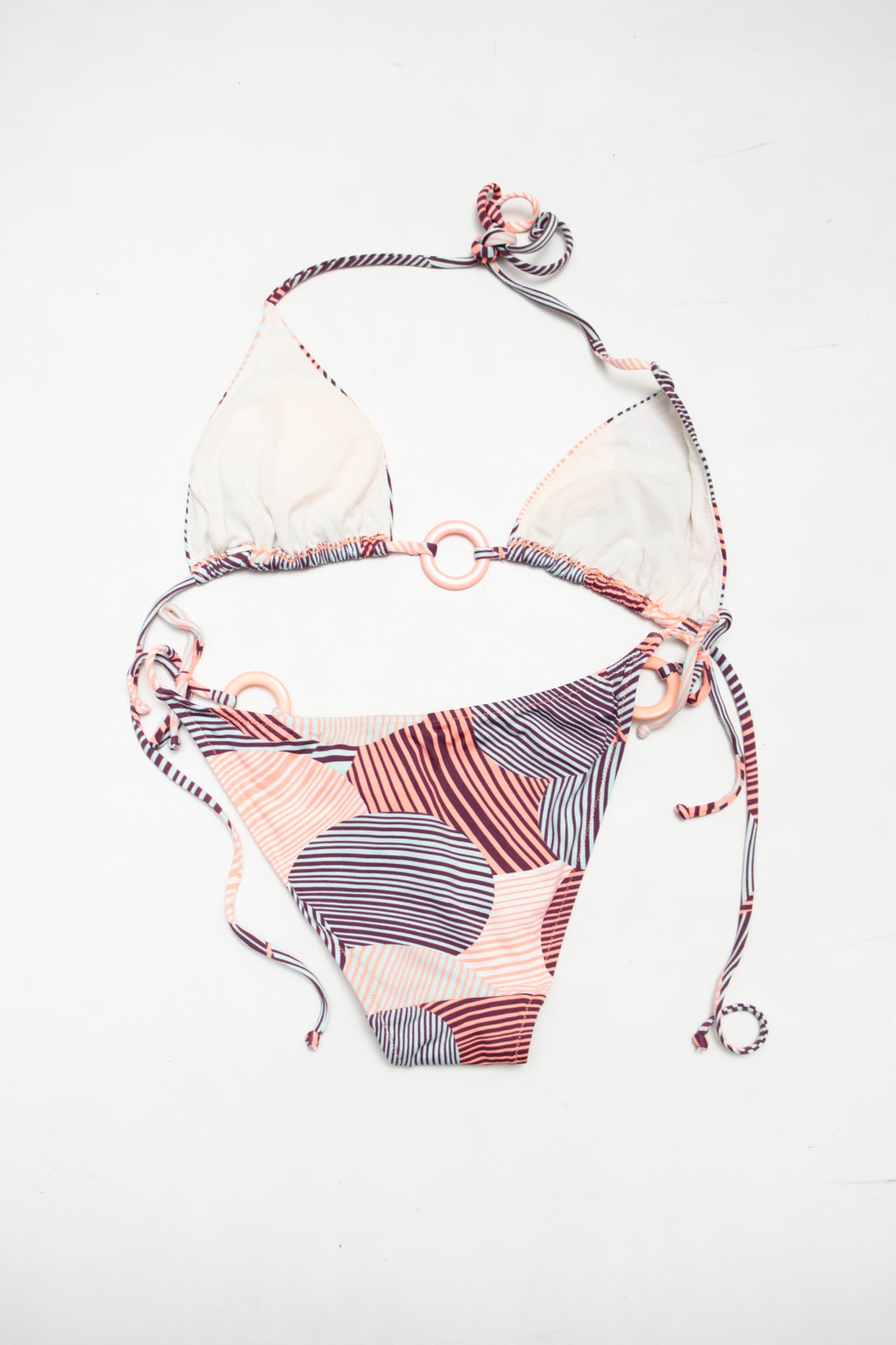 #179 Etam Bikini Set (triangle Bikini Top And Tie-side Bottoms) Multicolor (peach, Burgundy, Light Blue, White) | c. 174 | Size 12