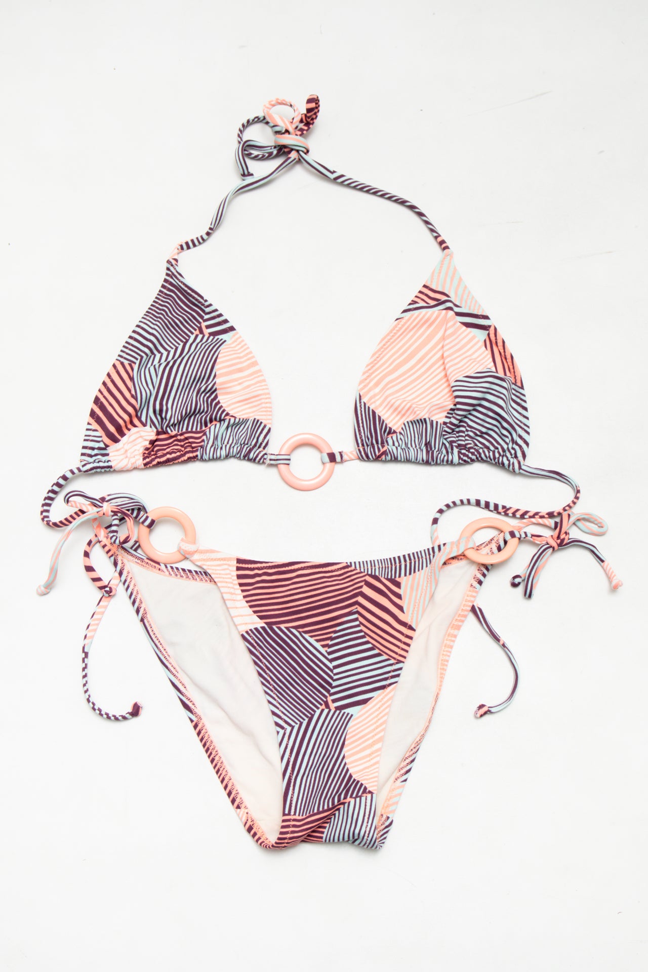 #179 Etam Bikini Set (triangle Bikini Top And Tie-side Bottoms) Multicolor (peach, Burgundy, Light Blue, White) | c. 174 | Size 12