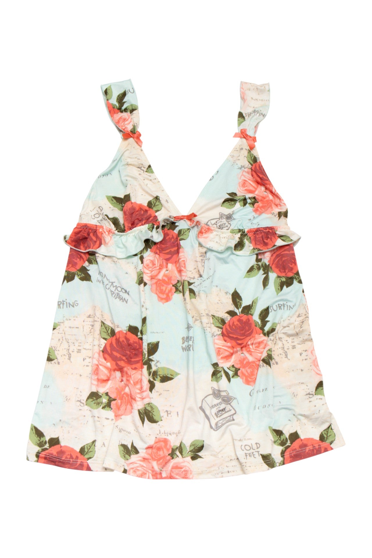 #27 Betsey Johnson Camisole Top Light Aqua Blue With Multicolor Rose Print | c. | Size 8