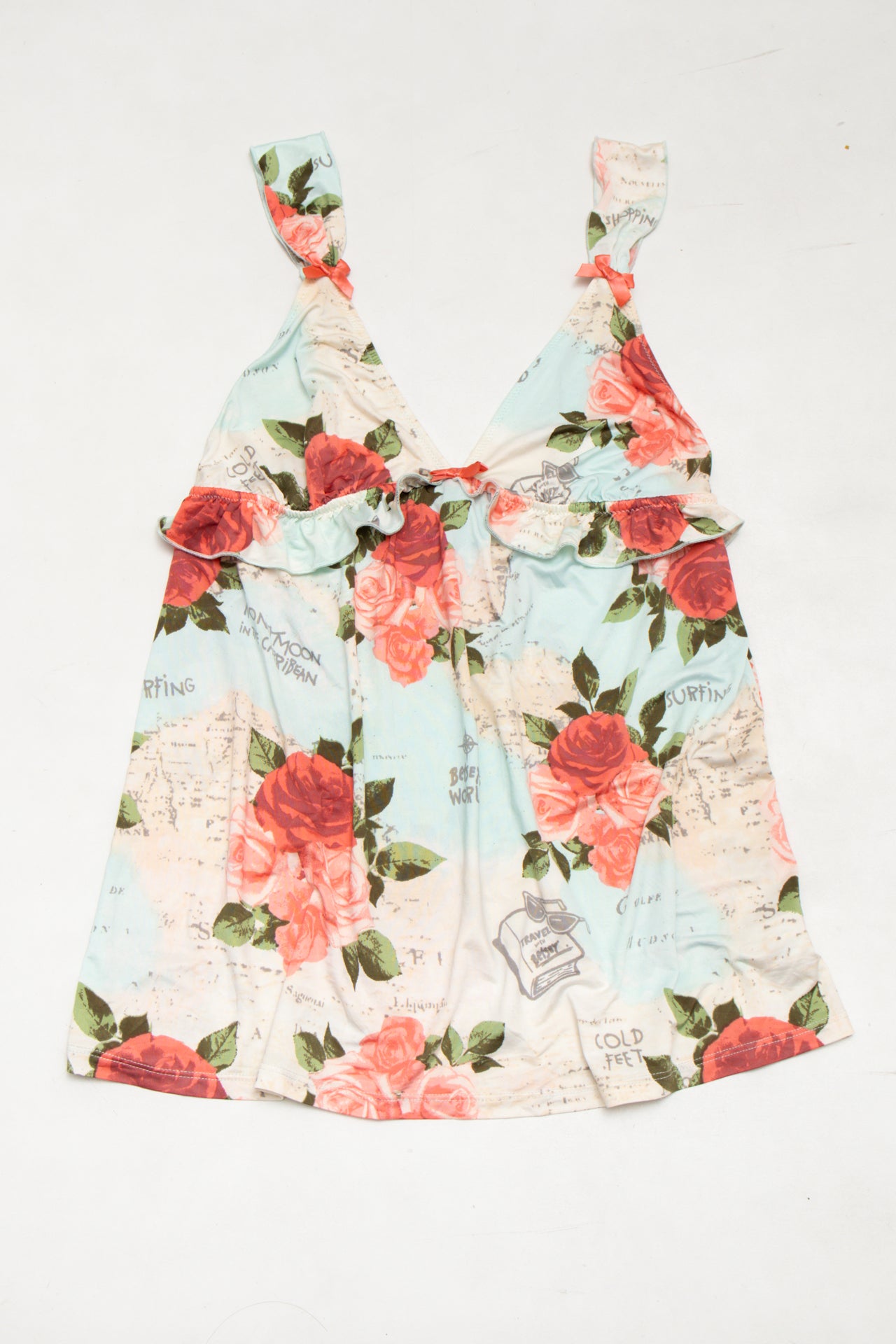 #27 Betsey Johnson Camisole Top Light Aqua Blue With Multicolor Rose Print | c. | Size 8