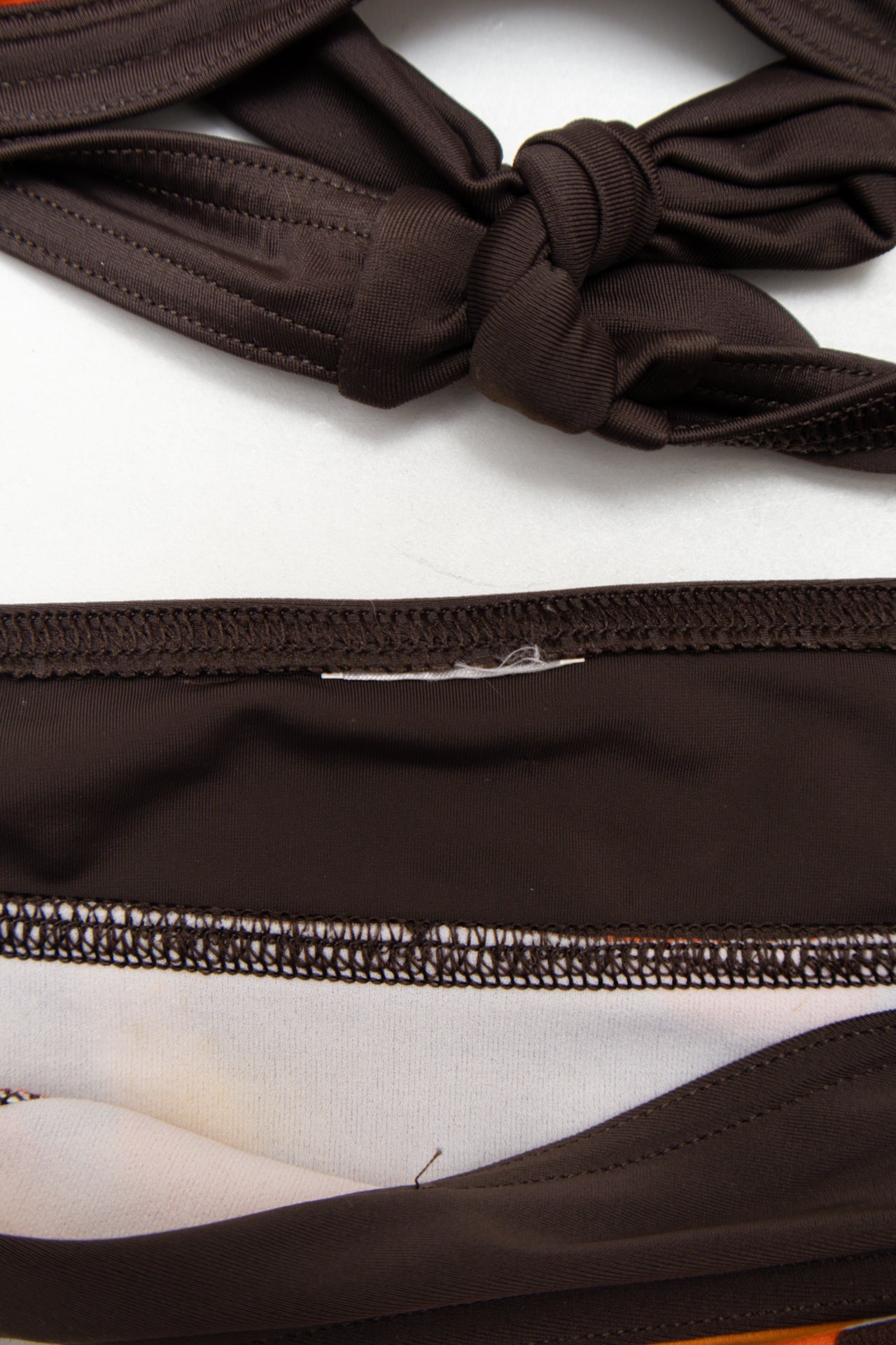 #180 O'neill Bikini Set (triangle Top And Low-rise Bottoms) Brown With Orange And White Pattern | c. 174 | Size 8