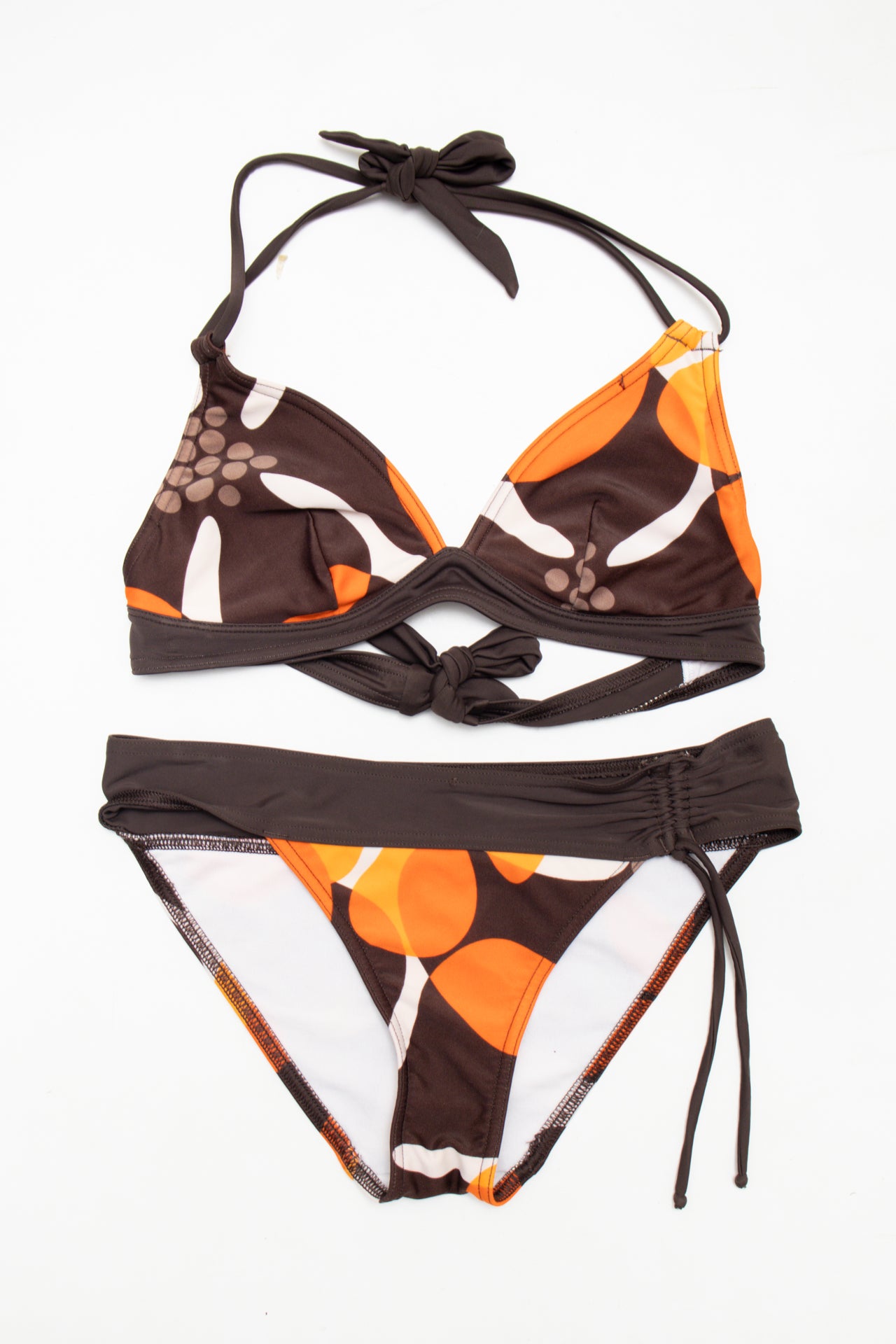 #180 O'neill Bikini Set (triangle Top And Low-rise Bottoms) Brown With Orange And White Pattern | c. 174 | Size 8